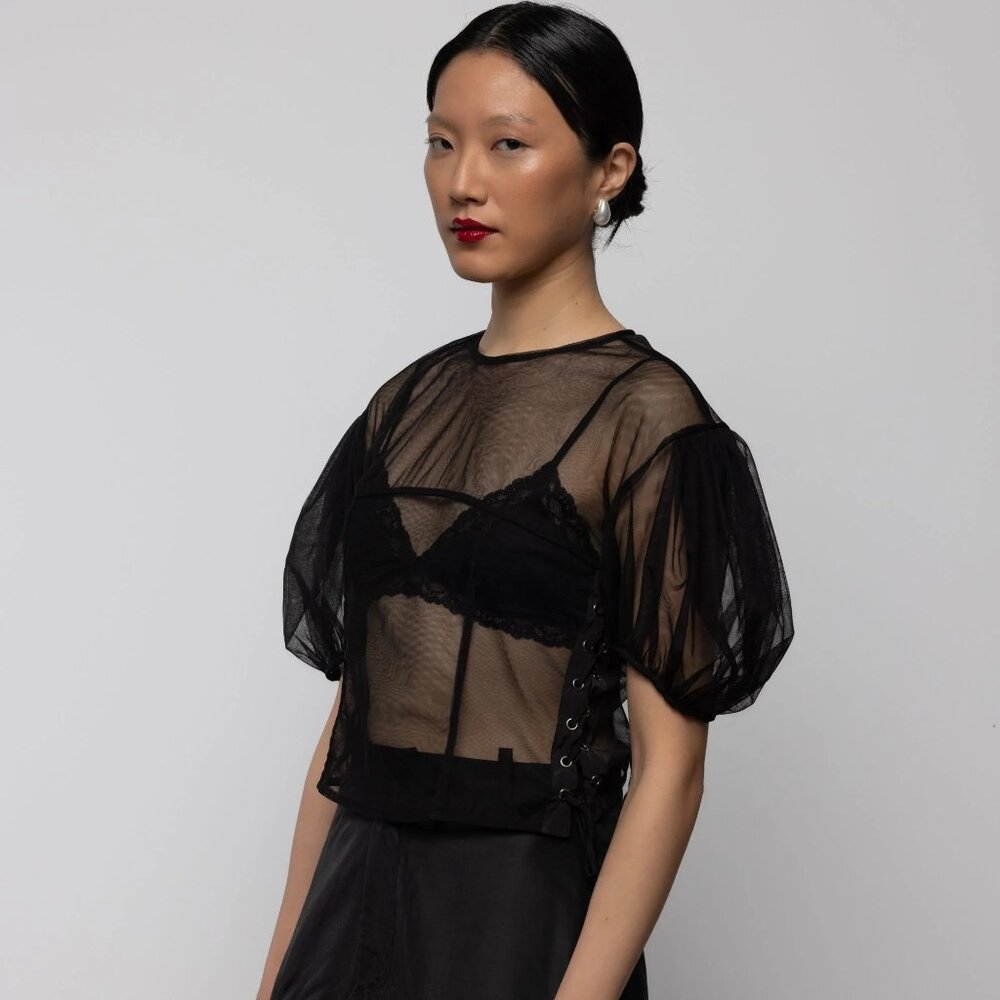 NEW Esthé Corset Tulle Ribbon Sheer Top with Puff Sleeves in Black